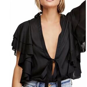 Free People Call Me Later Tiered Flounce Sleeve Bodysuit Black Size Small